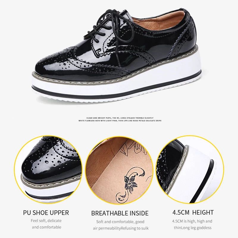 Akira Vrouwen Patent Leren Platform Platte Zwarte Schoenen - Zwart