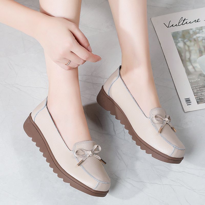 Alfonsina Dames Leren Instappers Platform Loafer Schoenen - Beige