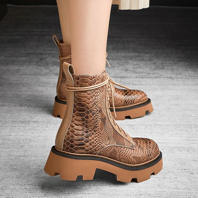 Almeda Dames Herfst Winter Leren Enkel Laarzen - Bruin Zonder Bont
