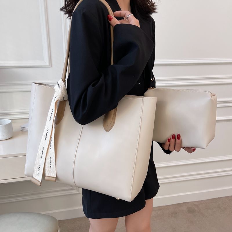 Almeda Dames Luxe Leren 2-delige Tote Handtas - Zwart