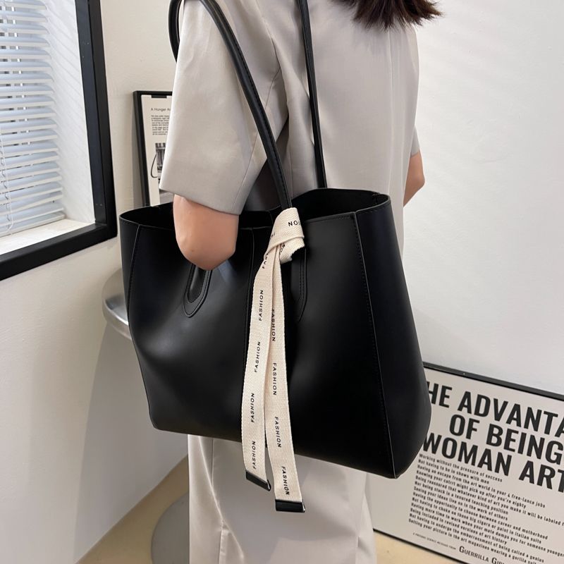 Almeda Dames Luxe Leren 2-delige Tote Handtas - Zwart