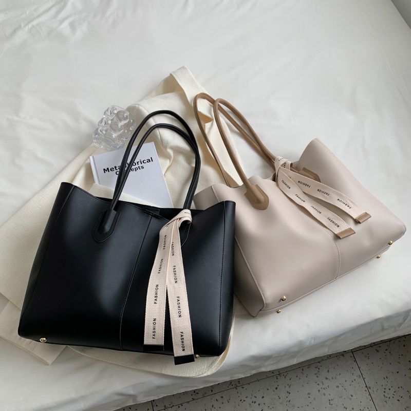 Almeda Dames Luxe Leren 2-delige Tote Handtas - Zwart