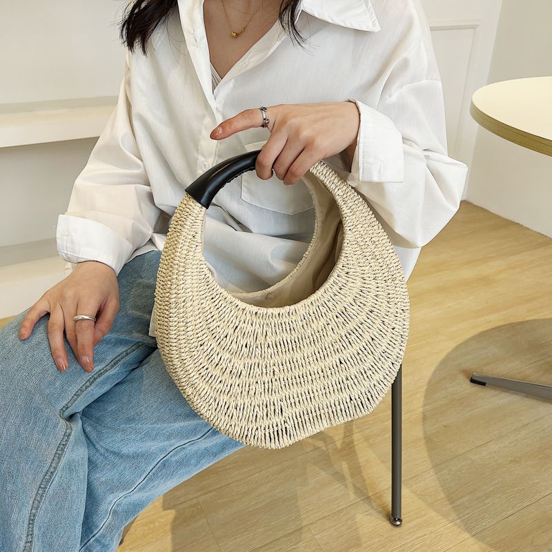 Almeja Handtas Voor Dames In De Stro Met Ronde Handgreep - Beige