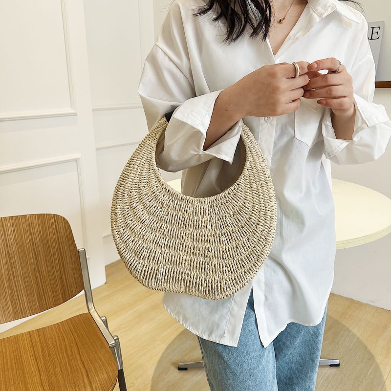 Almeja Handtas Voor Dames In De Stro Met Ronde Handgreep - Beige