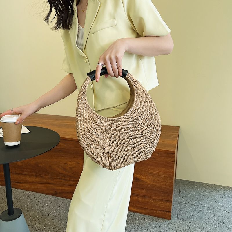 Almeja Handtas Voor Dames In De Stro Met Ronde Handgreep - Beige