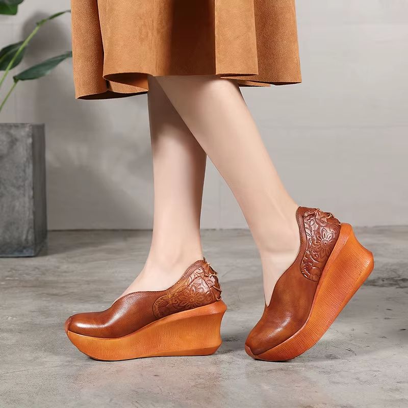Alonsa Dames Dikke Zool Leren Comfortabele Wedges - Koffie