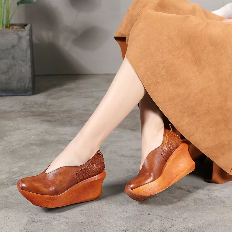 Alonsa Dames Dikke Zool Leren Comfortabele Wedges - Koffie