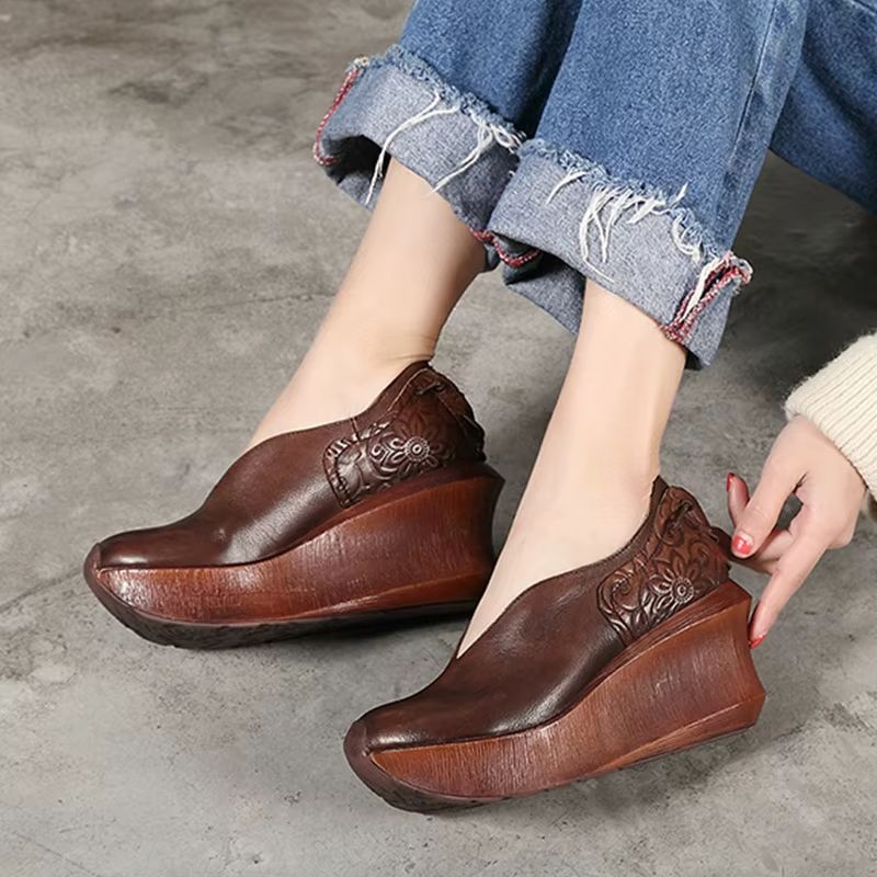 Alonsa Dames Dikke Zool Leren Comfortabele Wedges - Koffie