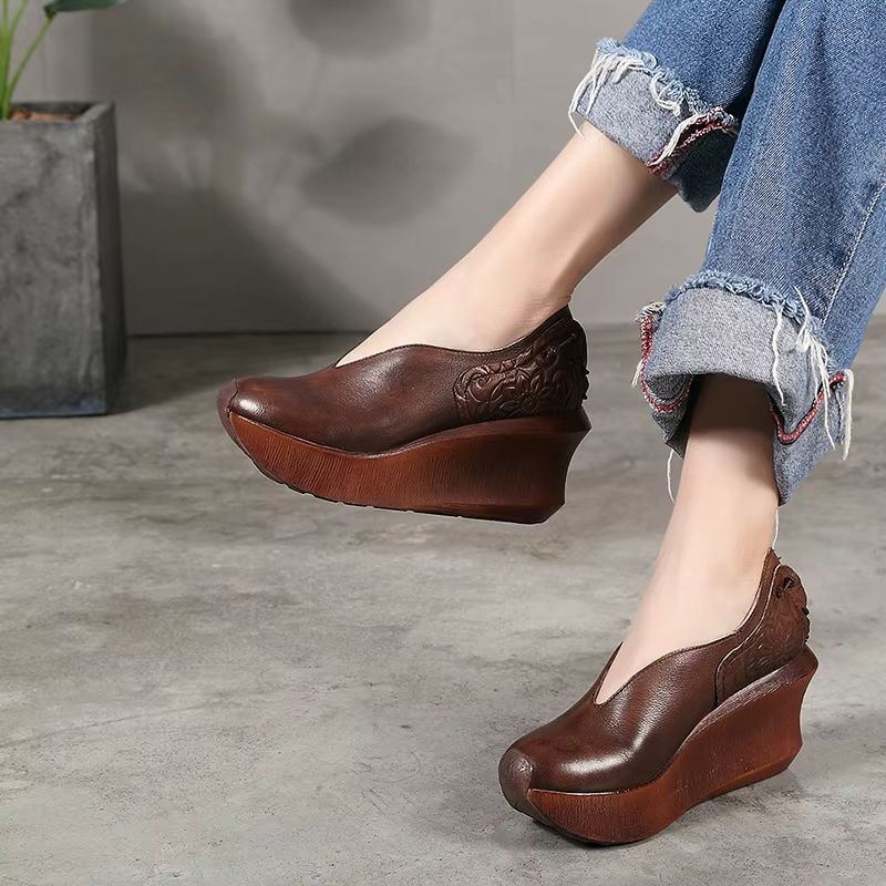 Alonsa Dames Dikke Zool Leren Comfortabele Wedges - Koffie