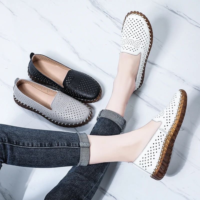 Amelia Dames Ademende Platte Loafers - Beige Hollow