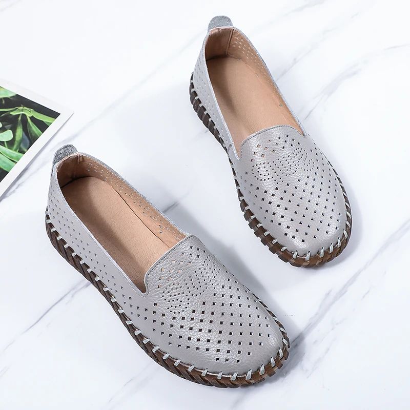 Amelia Dames Ademende Platte Loafers - Beige Hollow