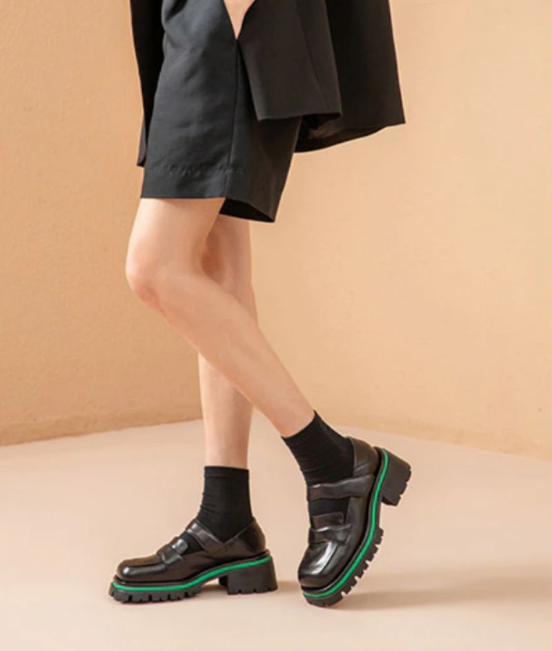 Amma Dames Leren Platformschoenen - Zwart
