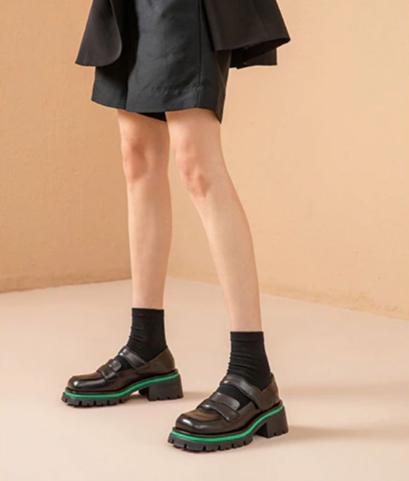 Amma Dames Leren Platformschoenen - Zwart
