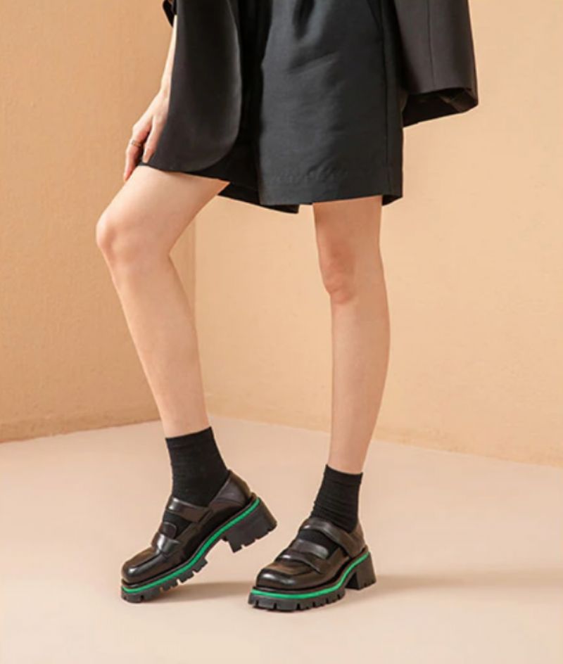 Amma Dames Leren Platformschoenen - Zwart