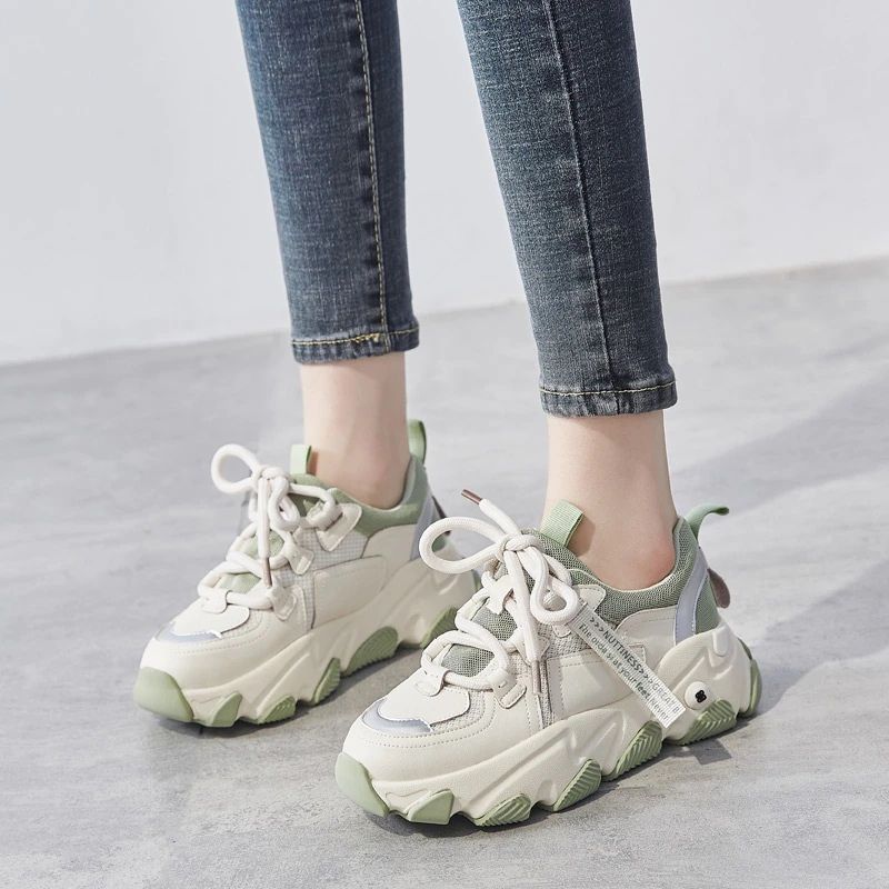 Angelis Dames Platform Platte Sneaker - Abrikoos