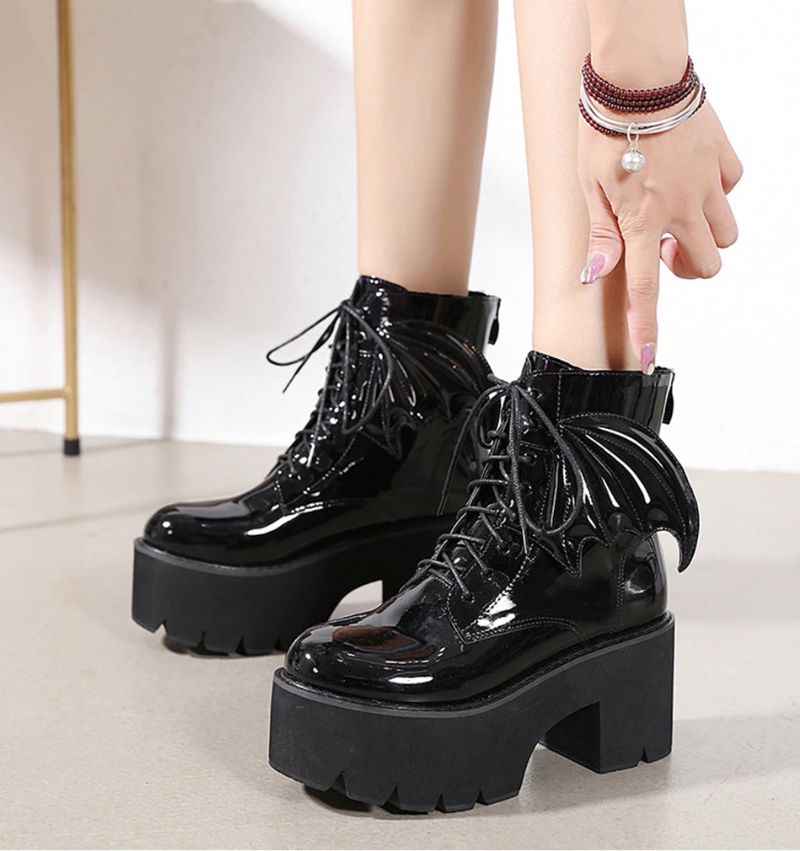 Archy Dames Angel Wing Patent Leren Enkellaarsjes - Zwart