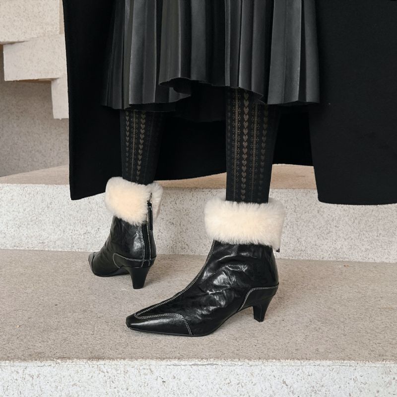 Ariana Dames Met Warme Pluche Leren Enkellaarsjes - Zwart