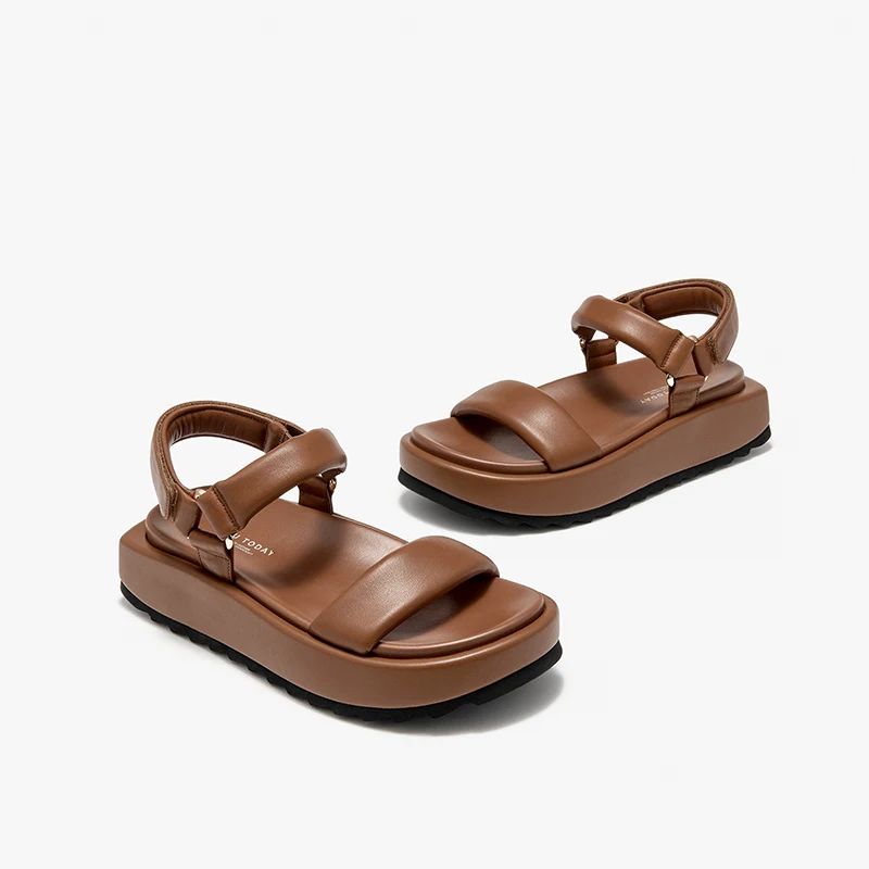 Ariel Dames Dikke Zool Leren Platte Sandalen - Zwart