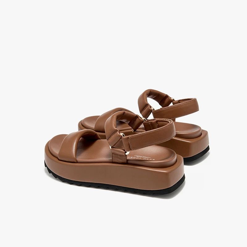 Ariel Dames Dikke Zool Leren Platte Sandalen - Zwart