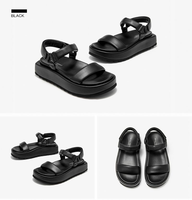 Ariel Dames Dikke Zool Leren Platte Sandalen - Zwart