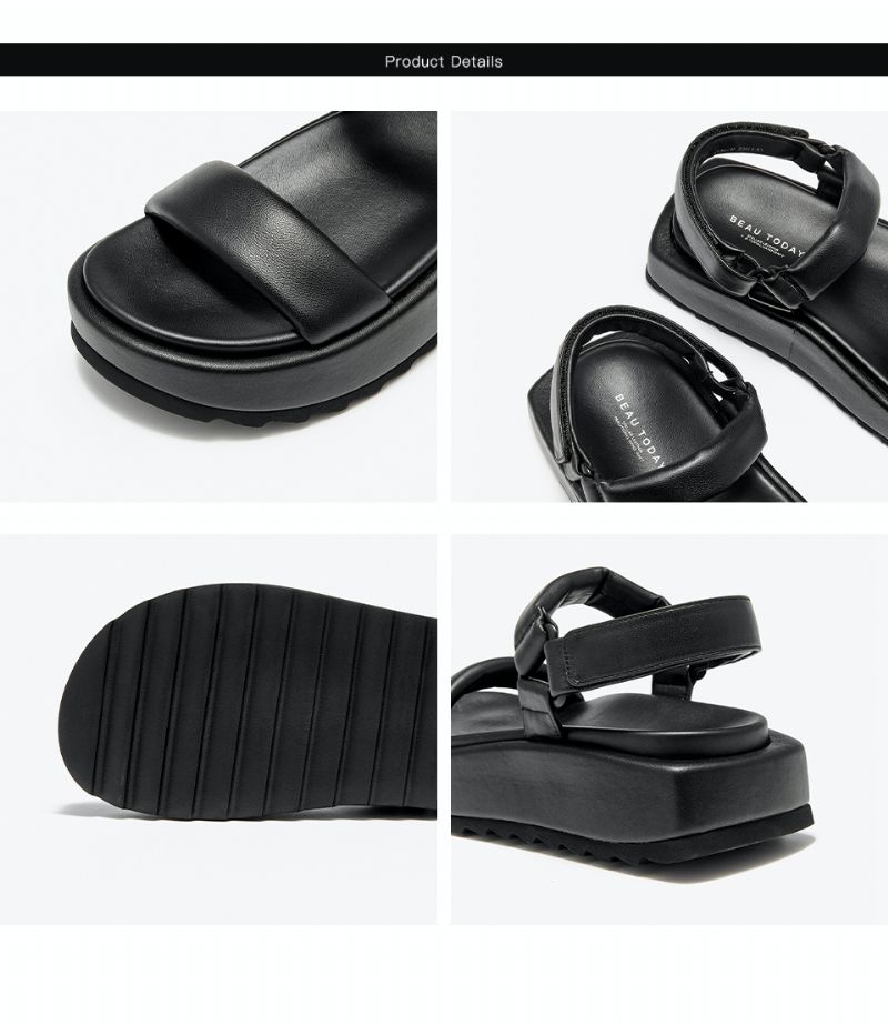 Ariel Dames Dikke Zool Leren Platte Sandalen - Zwart