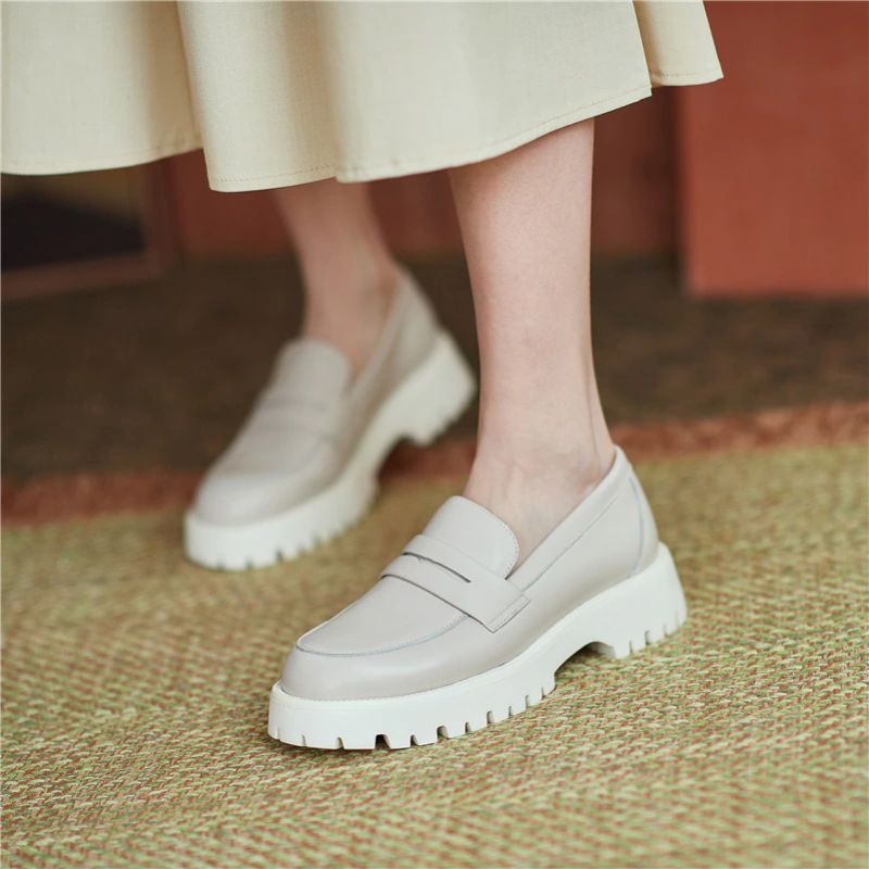 Aroa Dames Leren Platform Loafer Schoenen - Beige