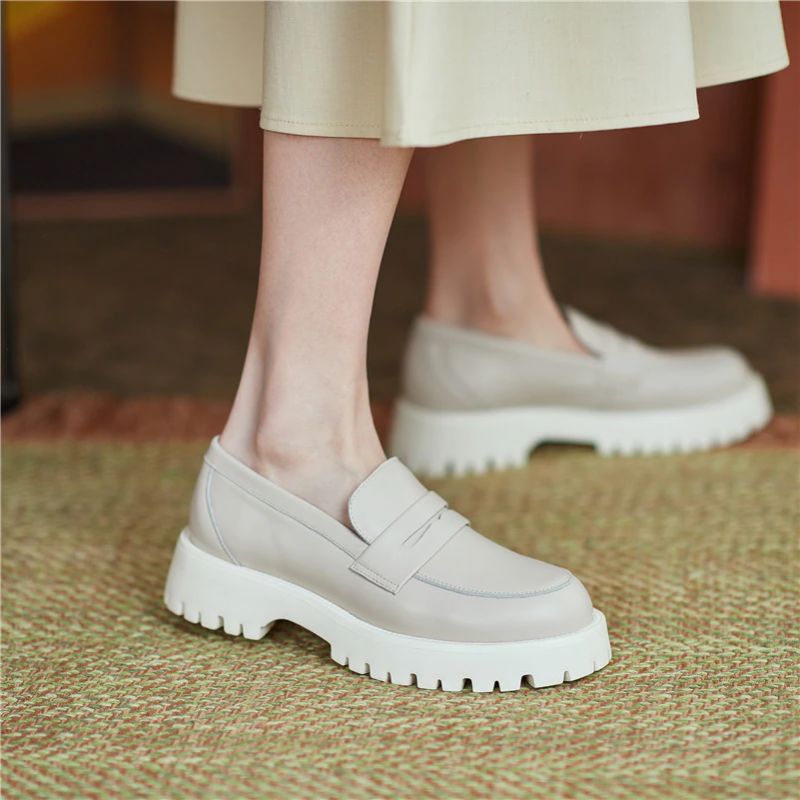 Aroa Dames Leren Platform Loafer Schoenen - Beige