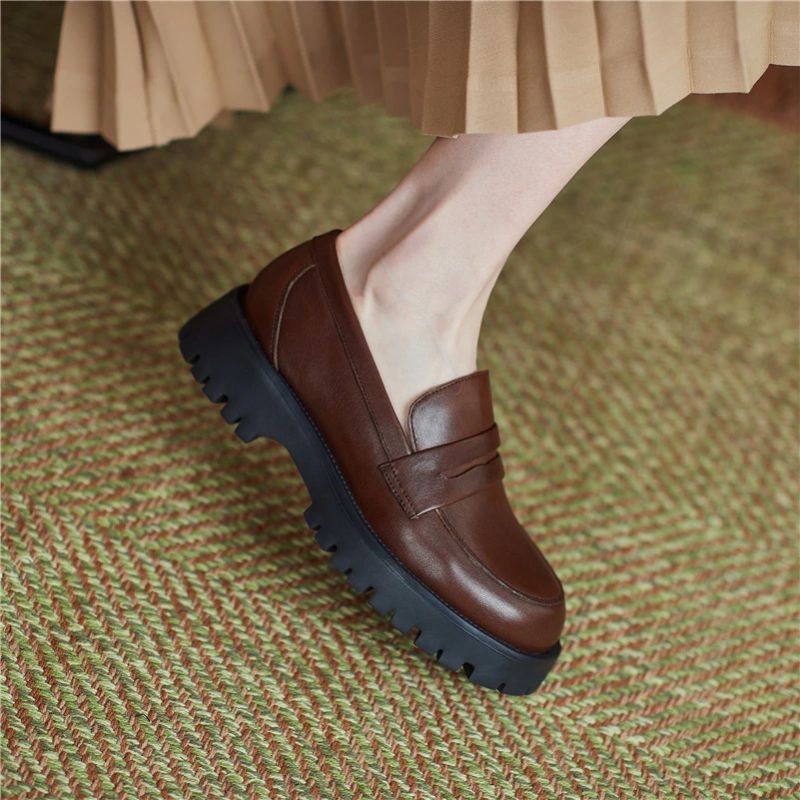 Aroa Dames Leren Platform Loafer Schoenen - Beige