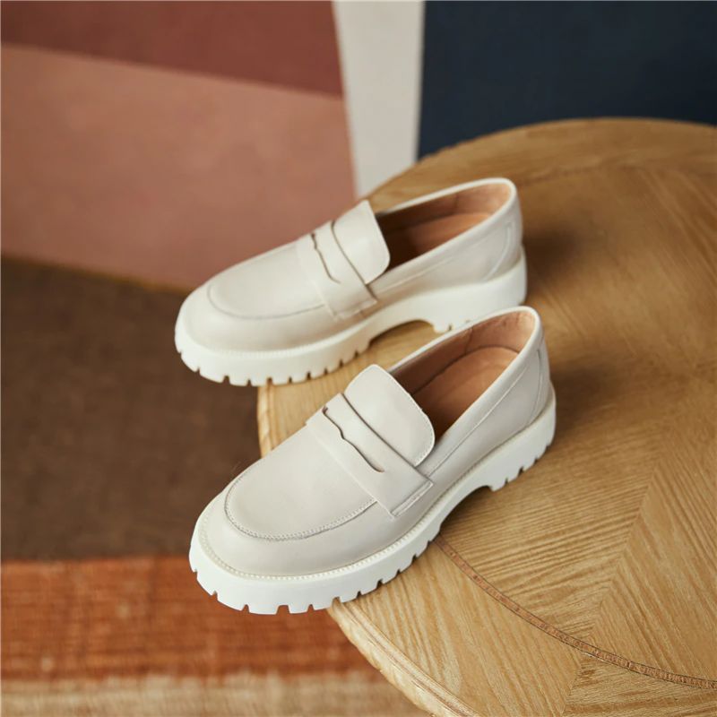 Aroa Dames Leren Platform Loafer Schoenen - Beige