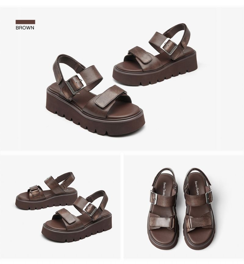 Berta Dames Leren Platte Sandalen - Zwart