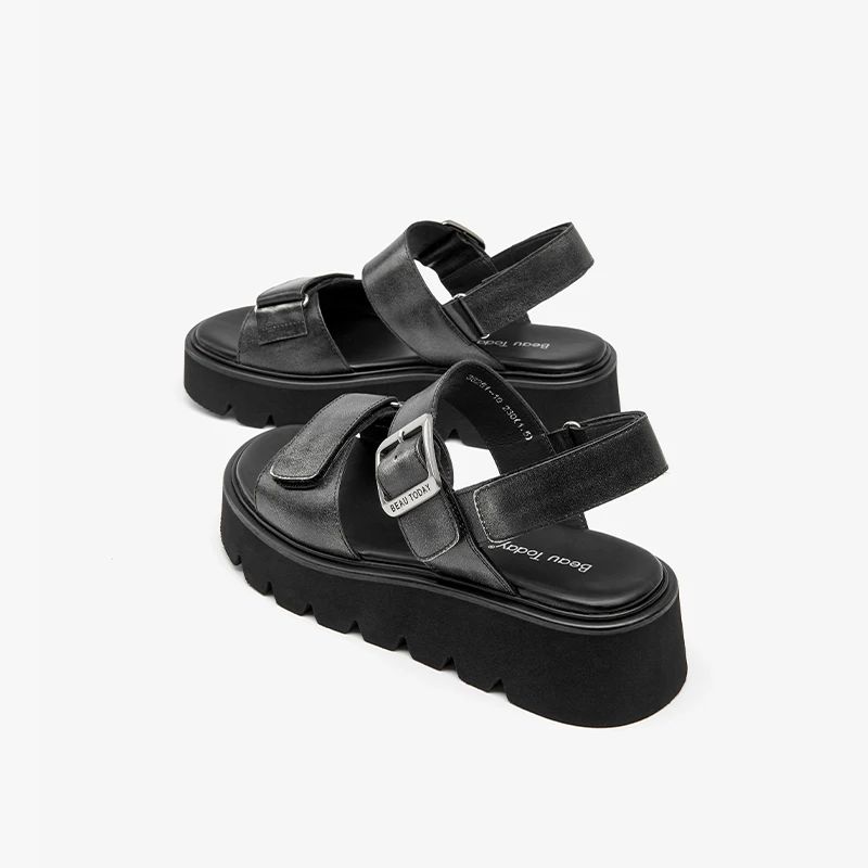 Berta Dames Leren Platte Sandalen - Zwart