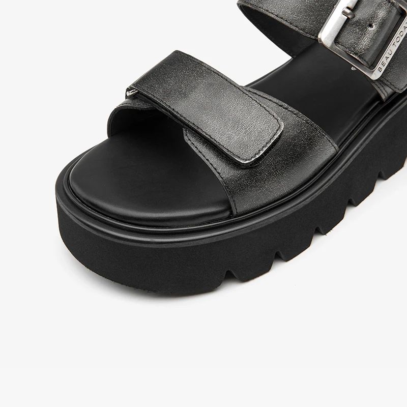 Berta Dames Leren Platte Sandalen - Zwart