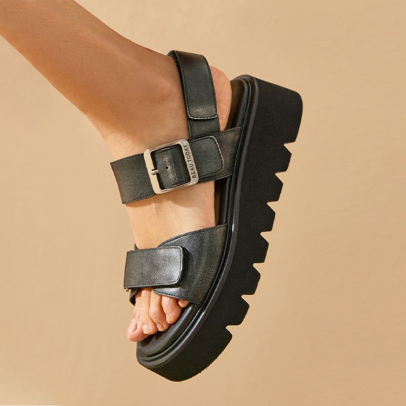 Berta Dames Leren Platte Sandalen - Zwart