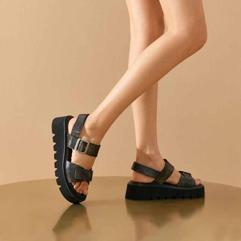 Berta Dames Leren Platte Sandalen - Zwart