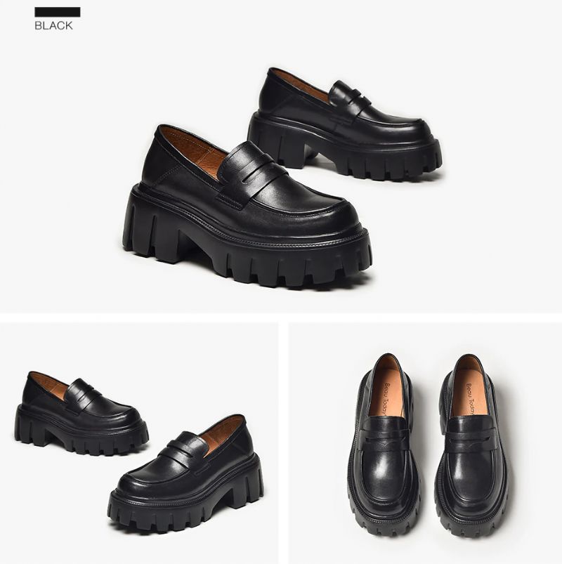 Borys Dames Leren Platform Loafer Schoenen - Zwart
