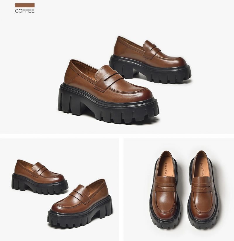 Borys Dames Leren Platform Loafer Schoenen - Zwart