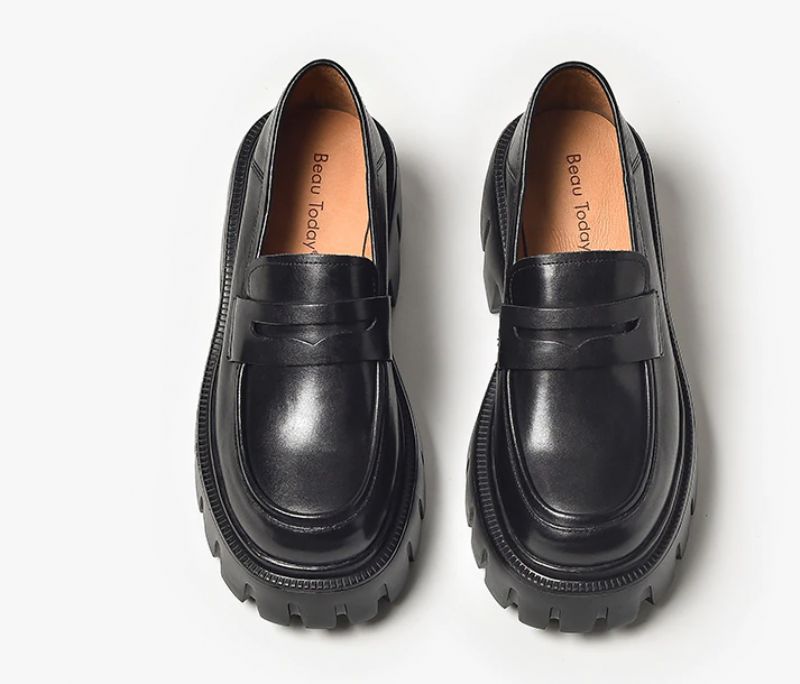 Borys Dames Leren Platform Loafer Schoenen - Zwart