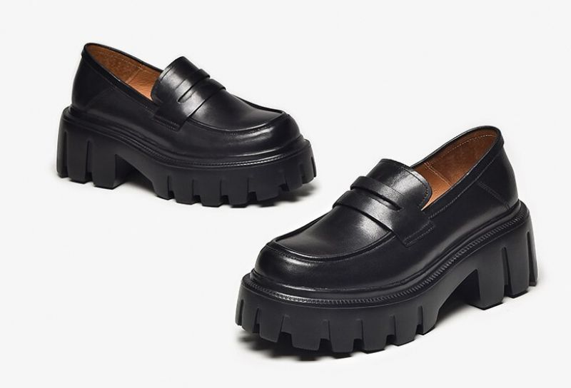 Borys Dames Leren Platform Loafer Schoenen - Zwart