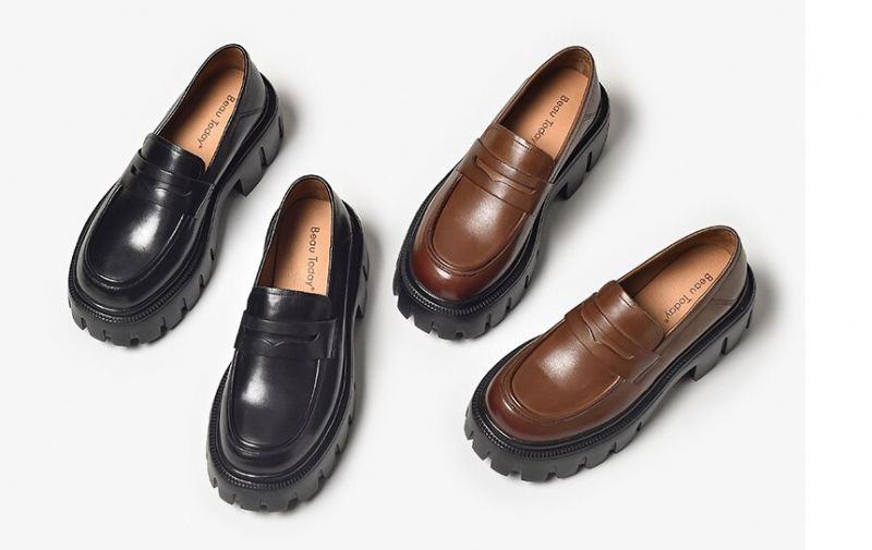 Borys Dames Leren Platform Loafer Schoenen - Zwart