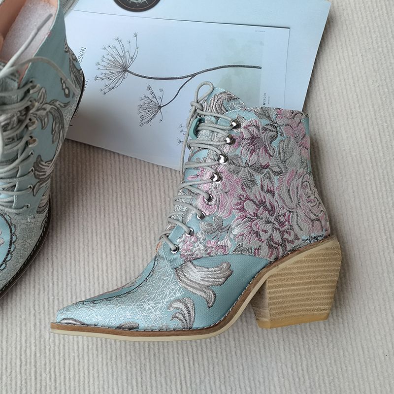 Briana Dames Embroidered Flowers Boots - Blauw
