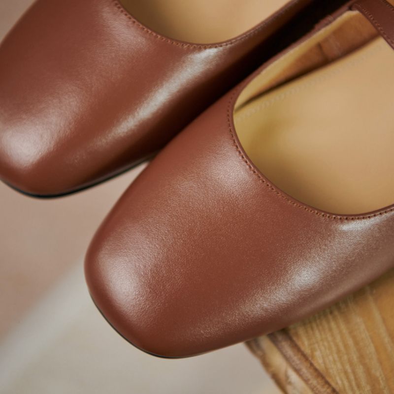 Brindy Ronde Neus Echt Leren Platte Schoenen Voor Dames - Bruin