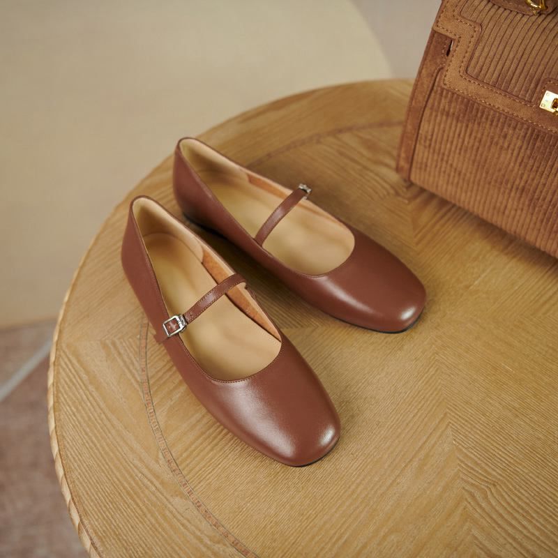 Brindy Ronde Neus Echt Leren Platte Schoenen Voor Dames - Bruin