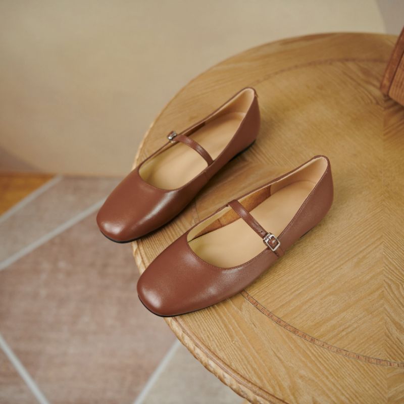 Brindy Ronde Neus Echt Leren Platte Schoenen Voor Dames - Bruin