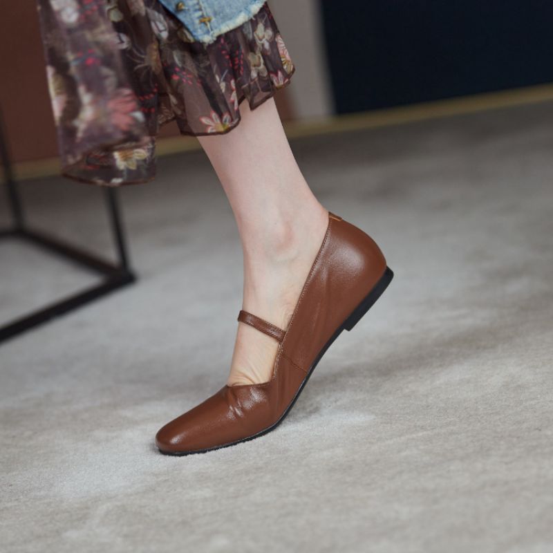 Brindy Ronde Neus Echt Leren Platte Schoenen Voor Dames - Bruin