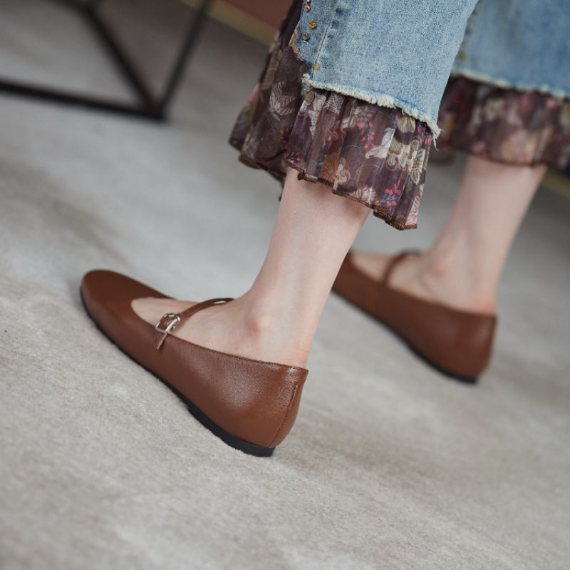 Brindy Ronde Neus Echt Leren Platte Schoenen Voor Dames - Bruin