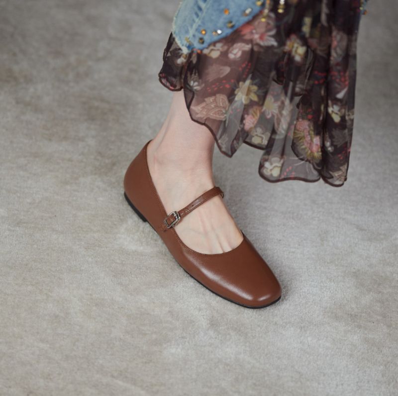 Brindy Ronde Neus Echt Leren Platte Schoenen Voor Dames - Bruin