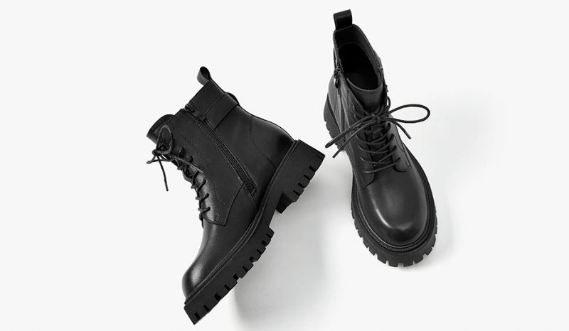 Cahill Dames Leren Platform Enkellaarsjes - Zwart