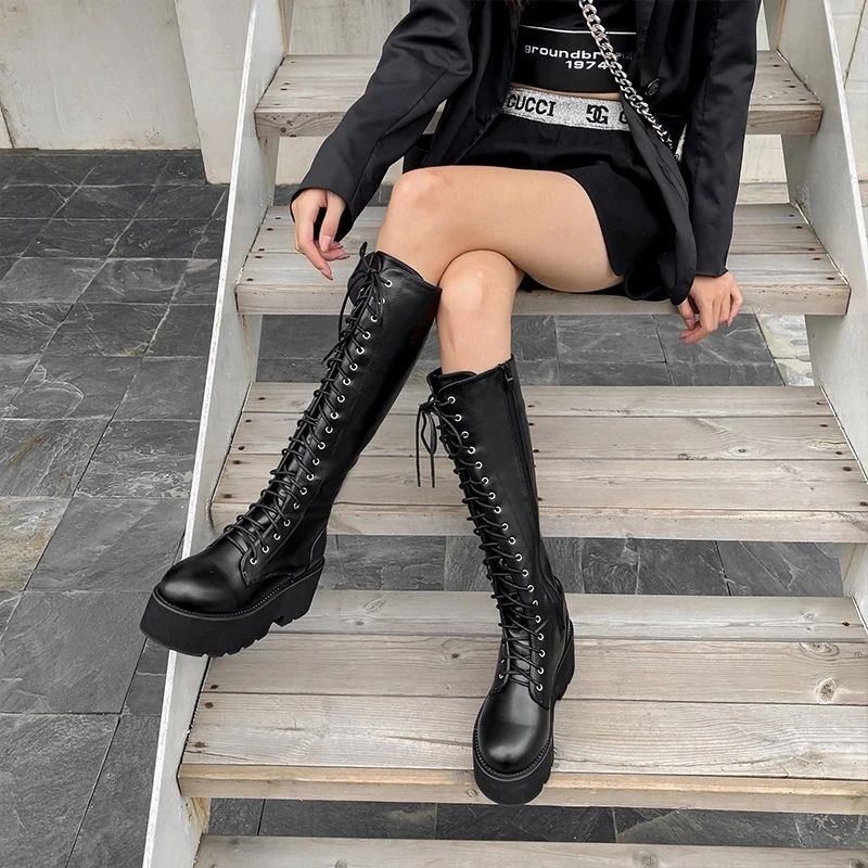 Camila Dames Lange Veterlaarzen - Zwart
