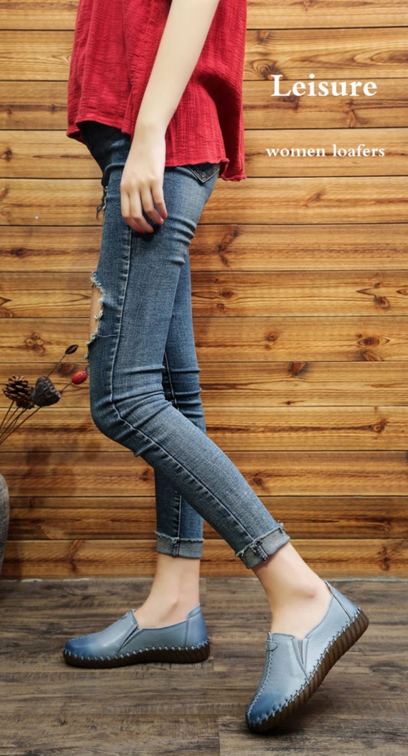 Charis Dames Platte Leren Instappers - Beige