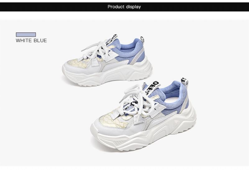 Chelma Dames Sneakers Platform Leuke Leren Schoenen - Wit Blauw